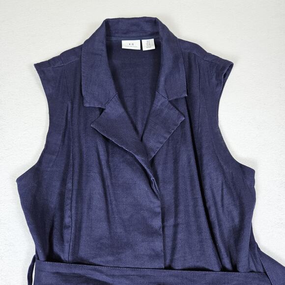 HALSTON Stretch Linen Shirt Dress 8 M Navy Blue Tie Belt Coastal Preppy Pockets - Picture 7 of 16